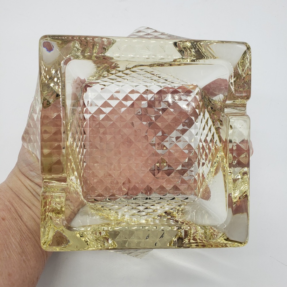 VTG Twisted Square Amber Yellow Glass Ashtray Heavy Waffle Base MCM L.E. Smith‎ - Picture 4 of 16